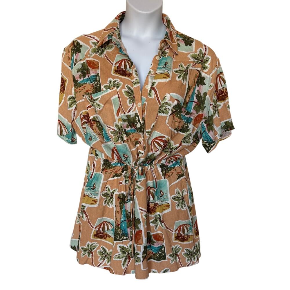 Label of Love NWT Peach Linen Blend Retro Beach Theme Button Up Romper size L